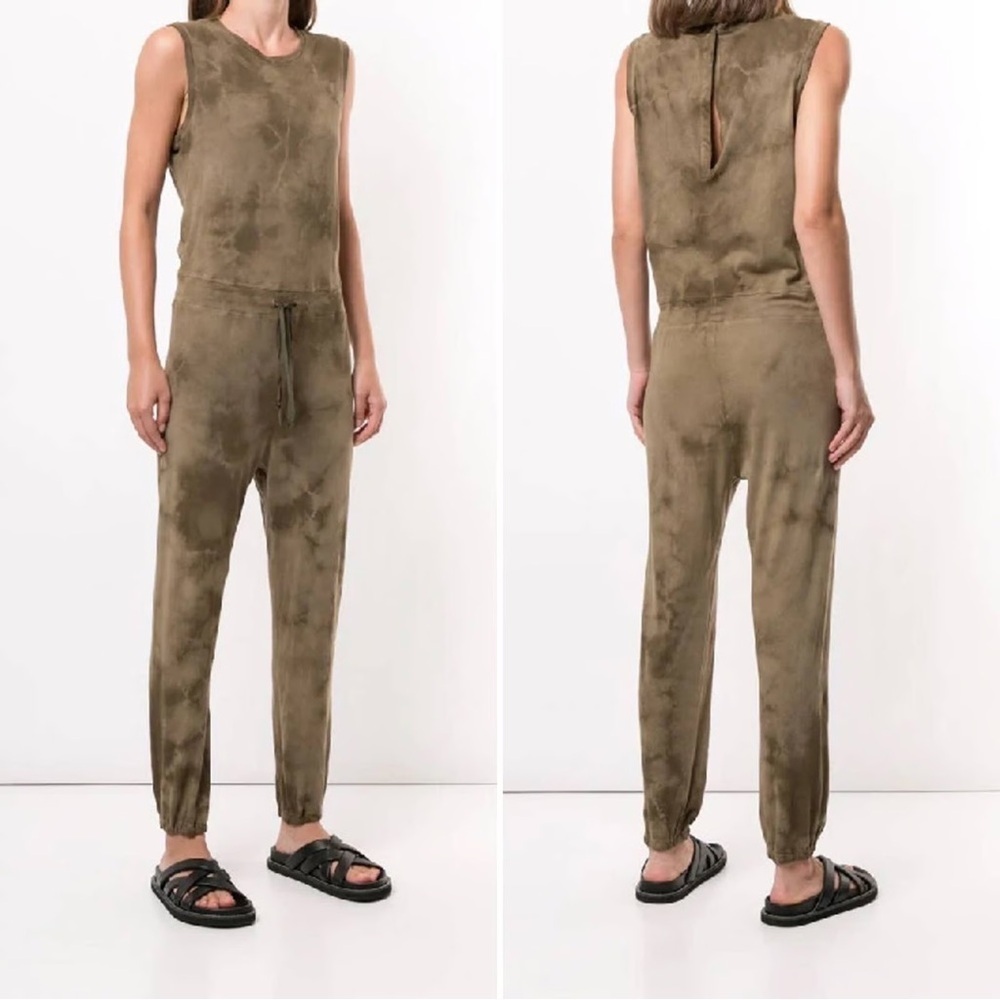 Raquel Allegra jumpsuit army olive tie dye print crew neck drawstring tie cotton
